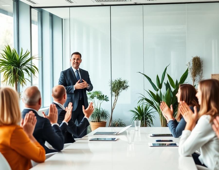 Leader presenting to an applauding team in a modern meeting room